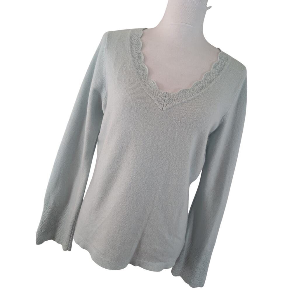 NWOT! ANN TAYLOR! 100%CASHMERE! BABY SEAMIST BLUE,KNIT LACE SWEATER! SIZE L